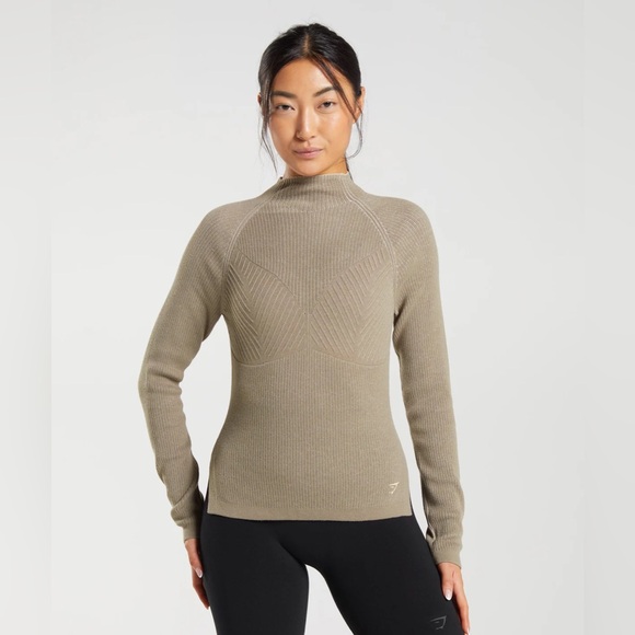 Gymshark PAUSE KNITWEAR LONG SLEEVE TOP Grey Brown Green GS Medium - Picture 2 of 13